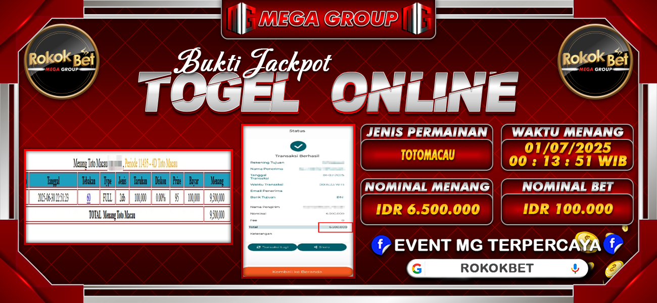 Bukti JP situs Rokokbet hari Selasa, 01 Juli 2025