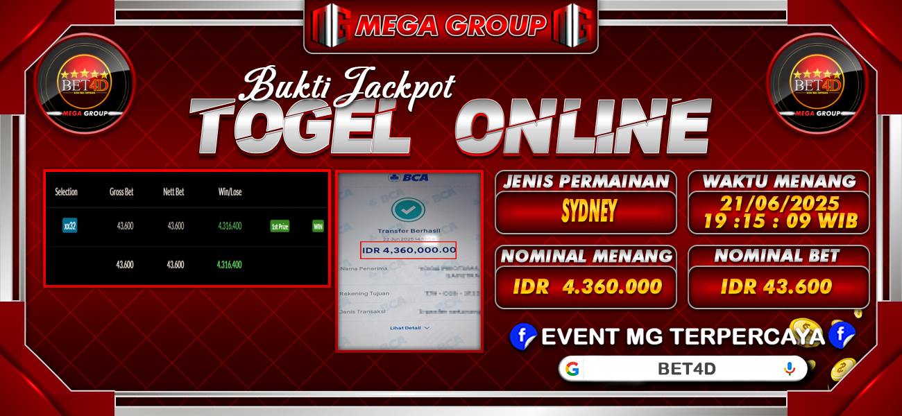 Bukti JP situs Bet4D hari Minggu, 22 Juni 2025