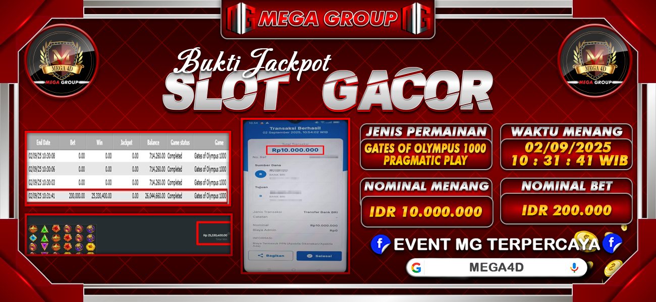 Bukti JP situs Mega4D hari Selasa, 02 September 2025